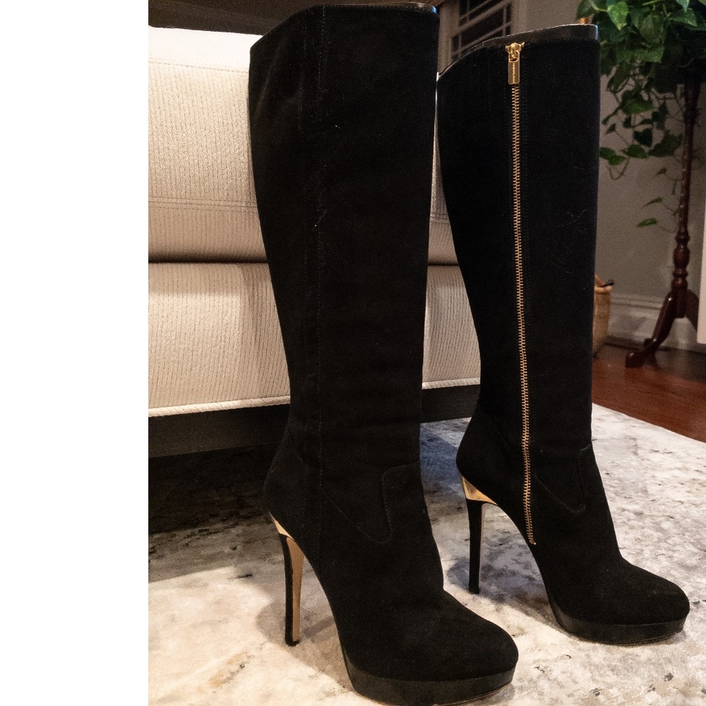 Michael Kors Black Suede Boots with Gold Accent
